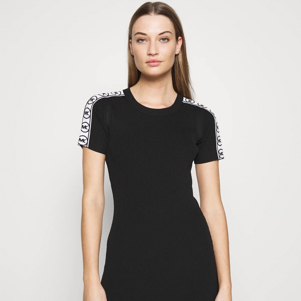 MICHAEL Michael Kors Jacquard Trimmed Ribbed Knit Bodycon Black Dress Size S
